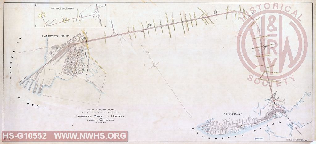 N&W Rwy, Map Showing Street Crossings, Lamberts Point to Norfolk on Lamberts Point Branch