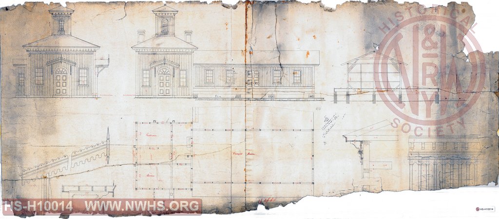 End, Profile, Floor Plan and Framing details of N&P Station House at Zuni Depot