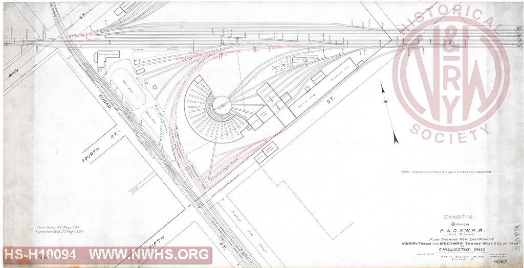 Plan Showing New Location of of N&W Ry tracks and B&OSW RR Tracks West End of Yard at Chillicothe, Ohio, Ohio Division, B&OSW RR.