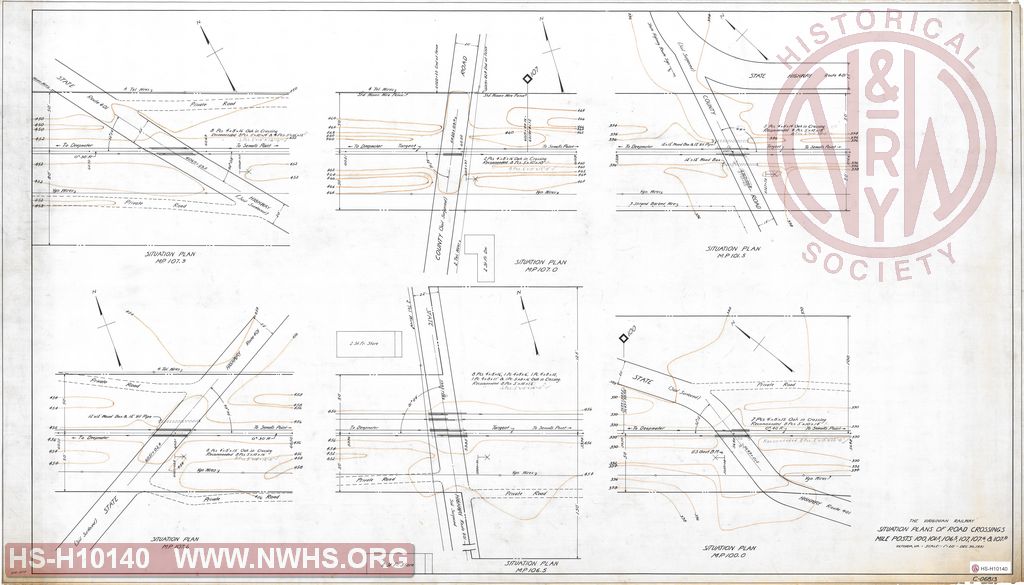 Situation Plans of Road Crossings Mile Posts 100, 101.5, 106.5, 107, 107.6 & 107.9, The Virginian Railway