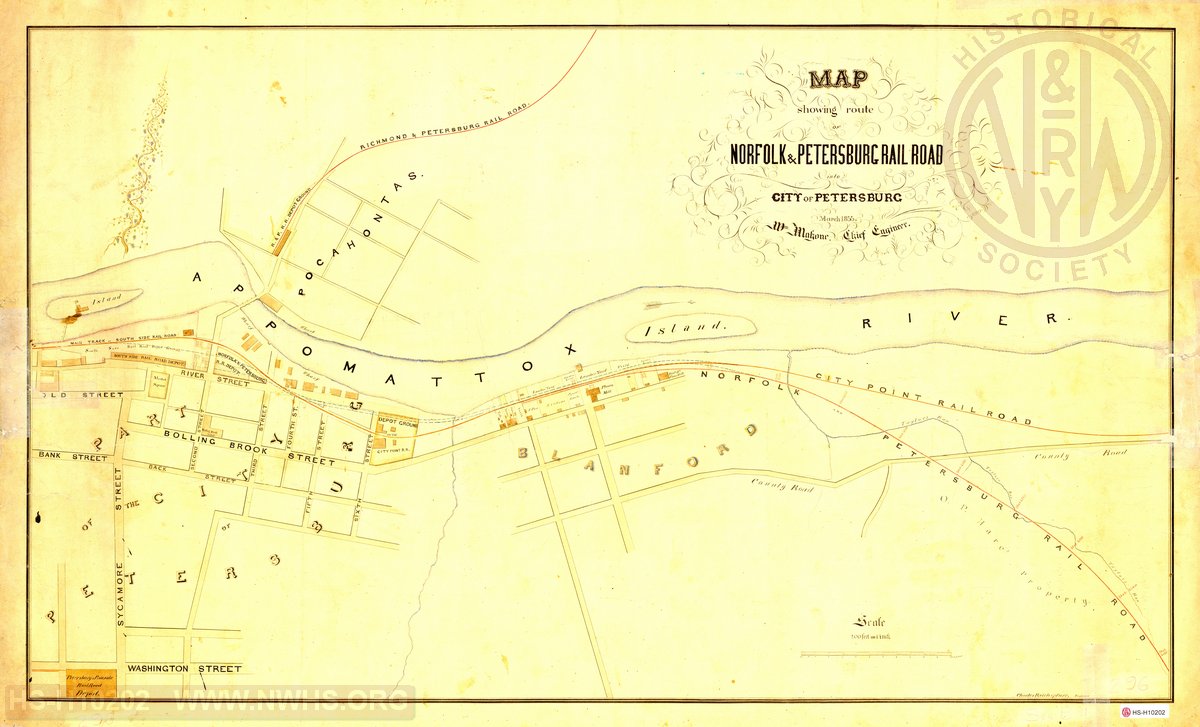 Map showing route of Norfolk & Petersburg Railroad into City of Petersburg