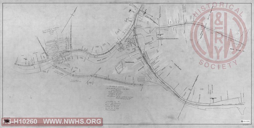 Untitled map of Narrows VA showing right of way and property deeds.