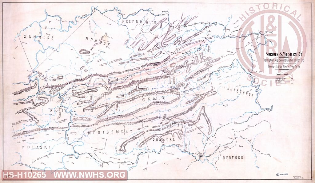 N&W Rwy, Topographical Map Showing Location of Iron Ore in Monroe Co., WV, Giles & Craig County VA