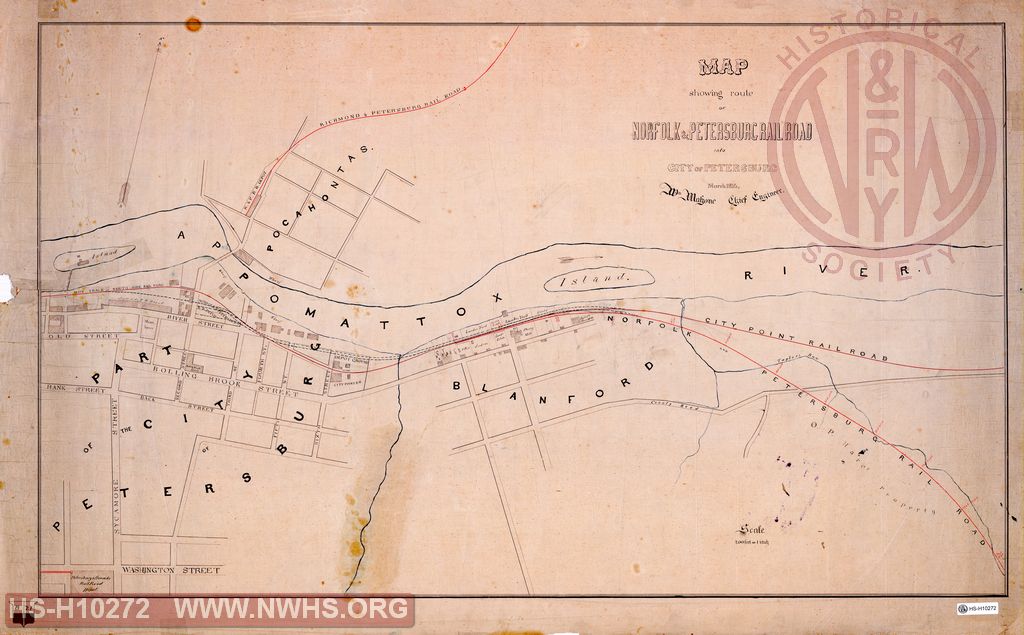Map showing route of Norfolk & Petersburg Railroad into City of Petersburg VA