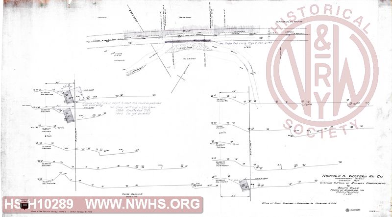 N&W Ry Co, Shenandoah Division, Situation plan showing cutting of railway embankment by South River, north of Riverside, VA, MP H-176+2023'