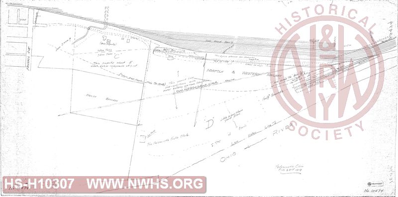 Untitled drawing of land between Portsmouth Yard and Ohio River, with some proposed track changes (scrap track, etc)