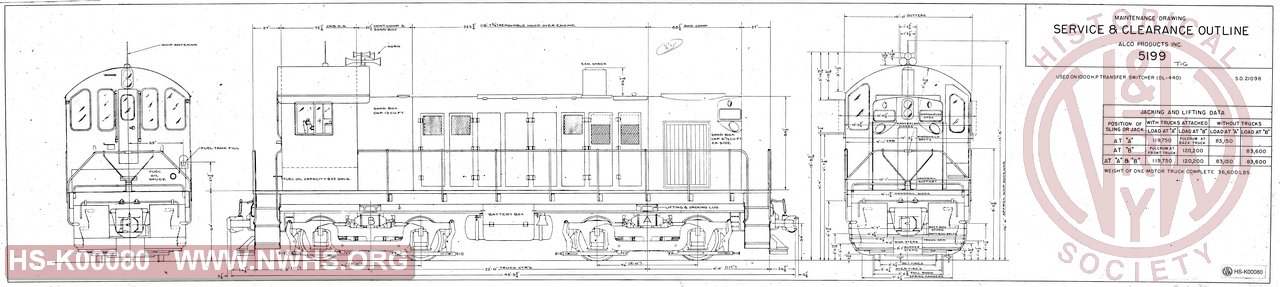 Maintenance Drawing, Service & Clearance Outline. used on 1000 HP Transfer Switcher (DL-440)  (N&W T6 switchers)