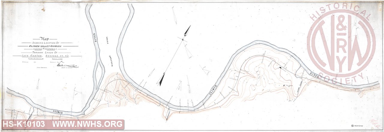 Map showing location of Clinch Valley Division N&W RR. through lands of Jack Carter, Russell Co., VA