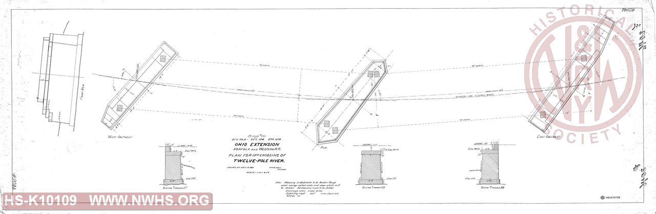 Bridge #961. Div No 2 - Sec 124 Sta. 1279, Ohio Extension, Norfolk and Western R.R., Plan for 13th crossing of Twelve-Pole River