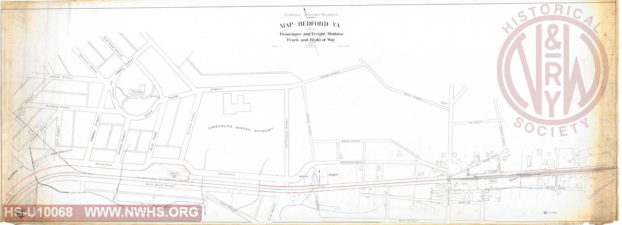 N&W RR Map of Bedford VA, Showing Passenger & Freight Stations, Track & Right of Way