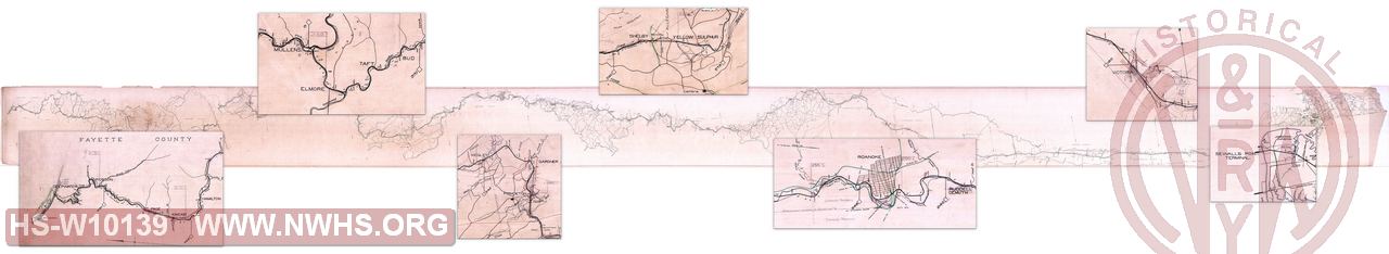 Untitled, no date. Early map of entire Virginian railway with many alternate routes. Covers Sewalls Point to Deepwater.