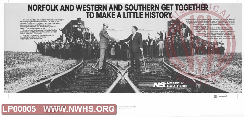 N&W & Southern  merger poster. With N&W EMD SD40-2 #1628. Bob Claytor & Harold Hall shaking hands