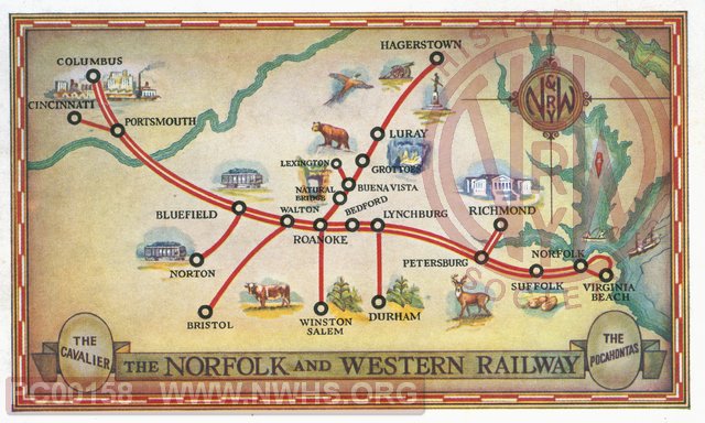 N&W Railway post card system map with "The Cavalier" & "The Pocahontas"