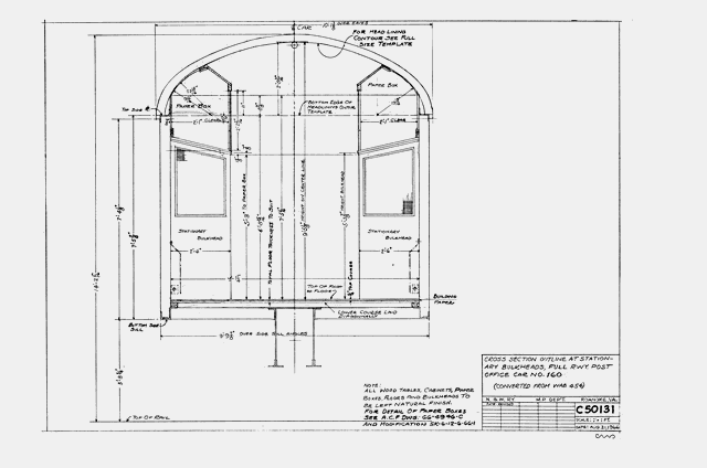 Cross section outline at stationary bulkheads, full rwy post office car #160 (Converted from WAB #454)