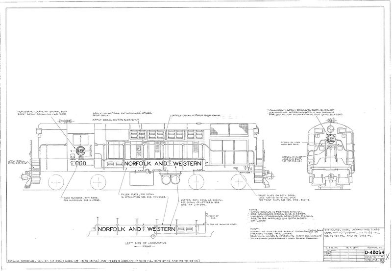 Stenciling, Diesel Locomotives, Class DE-S Nos. 110-115 inc., 117-122 inc., 124-127 inc., and 129-133 inc.