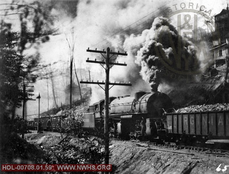 VGN Class AE mallet with coal train and pushing coal gondola, date unknown. Algonquin at summit of Clarks Gap Mountain
