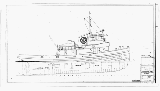 Outboard Profile drawing of VGN W. R. Cole towboat. Cleveland Diesel Engine Division GMC