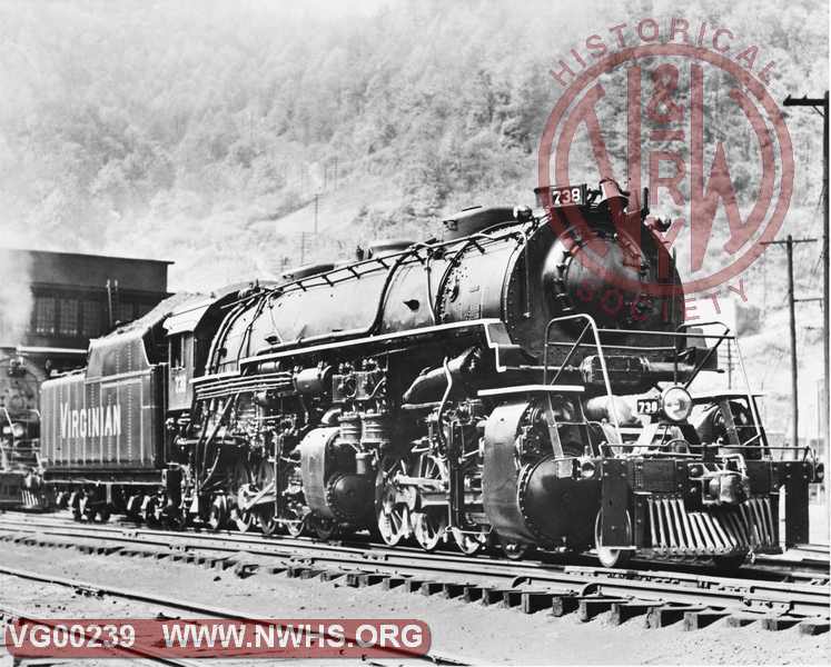 VGN Class US-E #738,Right 3/4 View,B&W, Elmore, WV Date Unknown (Frmr. N&W Y3 #2121)