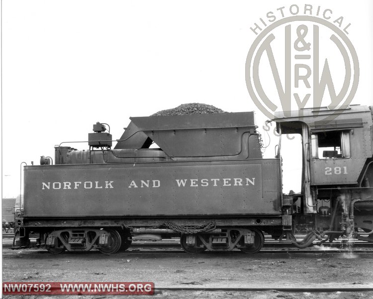 N&W Class S1 281 Right Side Tender and Cab View at Roanoke,VA March 27,1959