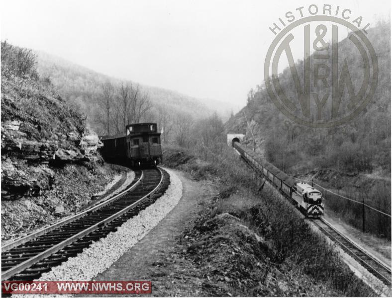 H24-66 #???, B&W, Elevated Right Front 3/4 View, @ Loop Junction, WV (Locomotive & Caboose of Same Coal Train in Photo)