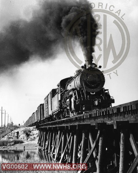 VGN Steam locomotive MB #448, Norfolk, VA with a train crossing wooden trestle
