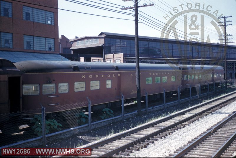 Two N&W P4 observation cars in storage at Roanoke Shops