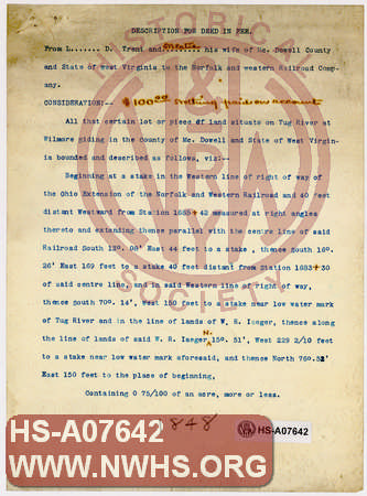 Land to be Deeded to the N&W RR by L.D. Trent at Wilmore Siding, McDowell County W.Va.