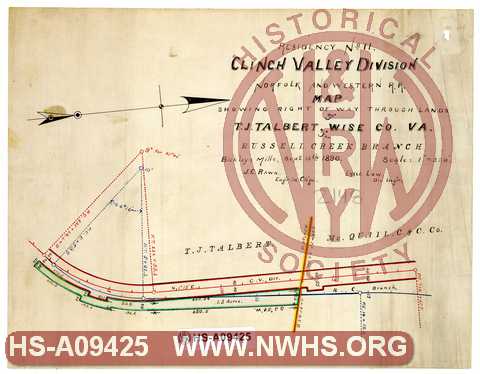 N&W RR Clinch Valley Division, Residency No. 11, Map Showing Right of Way through lands of T.J. Talbert, Wise Co. VA, for Russell Creek Branch