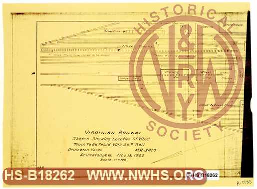 VGN Railway, Sketch showing location of wheel track to be relaid wiht 56# rail, Princeton Yards, MP 341.0