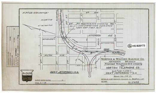 N&W Ry, Abingdon Branch, Proposed Telephone Wire Crossing for Horton Telephone Co., MP A55+2098', West Jefferson ~ N.C.
