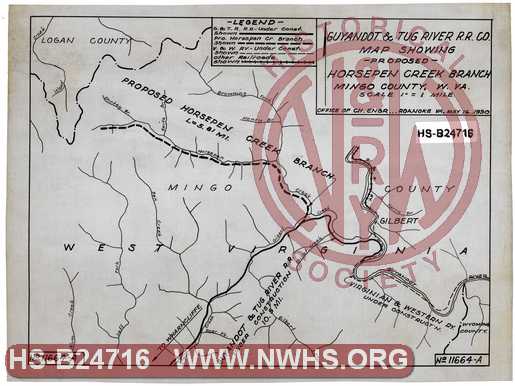 Guyandot & Tug River, Map showing Proposed Horsepen Creek Branch, Mingo County, WV.
