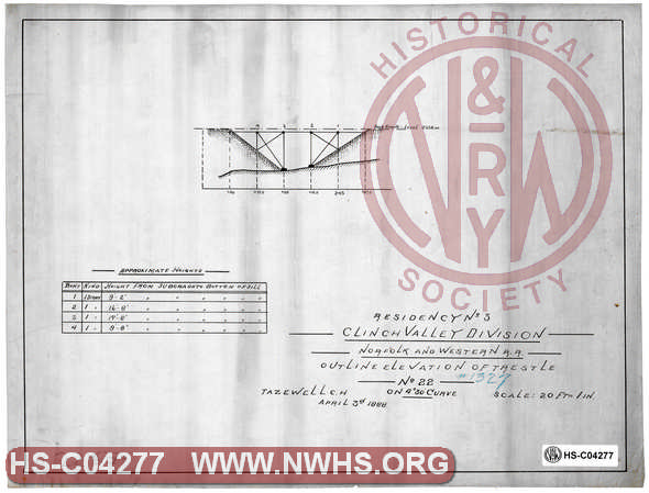 N&W RR, Clinch Valley Division, Residency No 3, Outline Elevation of Trestle No 22 on 4 degree 30' curve