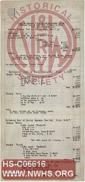N&W Ry, Tables for Estimating Costs of Fencing, Road Crossings and Cattle Guards