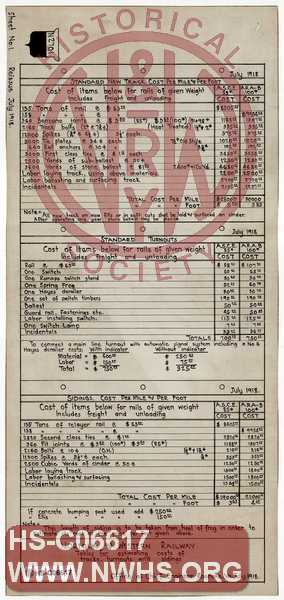 N&W Ry, Tables for Estimating Costs of Tracks, Turnouts & Sidings
