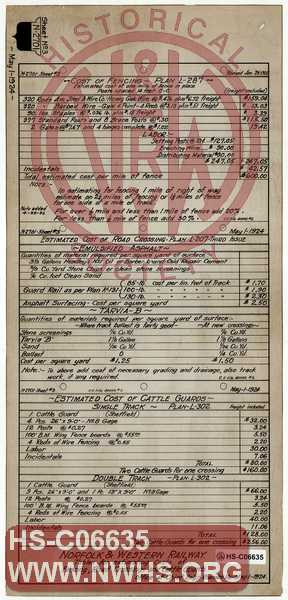 N&W Ry, Tables for Estimating Costs of Fencing, Road Crossings and Cattle Guards