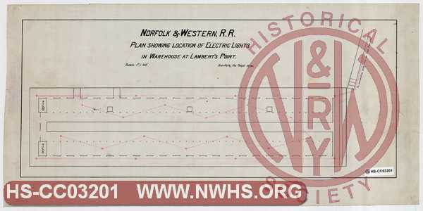 N&W RR, Plan showing location of Electric Lights in Warehouse at Lambert's Point