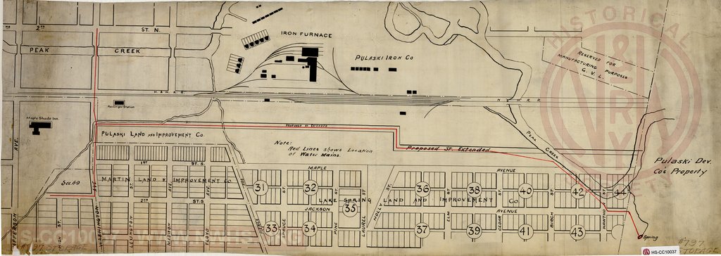 Undated map of Pulaski, VA showing location of water mains