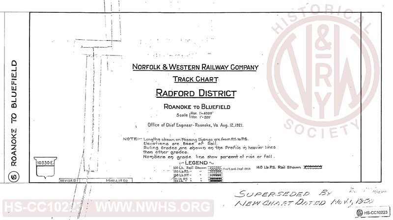 N&W Rwy, Track Chart, Radford District, Roanoke to Bluefield, Cover Page