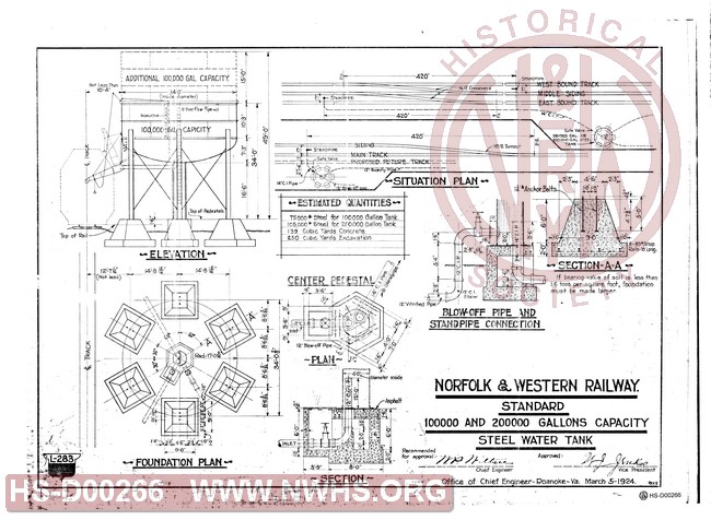 N&W Ry, Standard 100,000 and 200,000 Gallons Capacity Steel Water Tank