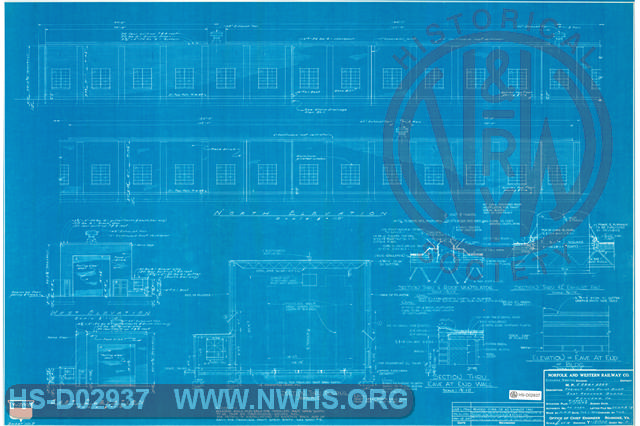 Freight Car Paint Shop, East Roanoke Shops. North, West, East Elevations, Sections