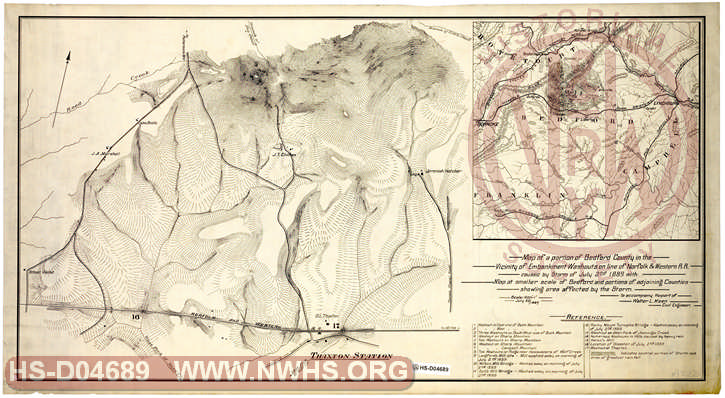 Map of a portion of Bedford County in the Vicinity of Embankment Washouts on Line of N&W RR caused by Storm of July 22nd 1889 with Map at smaller scale of Bedford and portions of adjoining Counties show area affected by the Storm