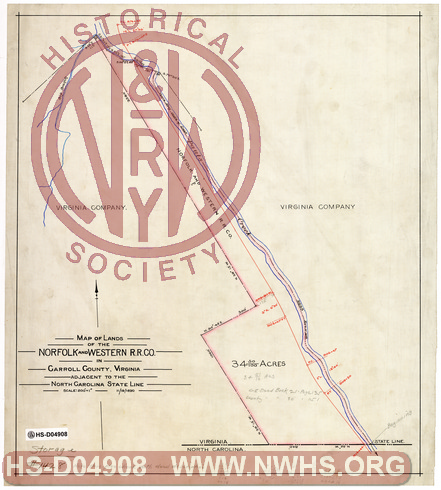 Map of Lands of the Norfolk and Western R.R. Co. in Carroll County, Virginia adjacent to the North Carolina State Line