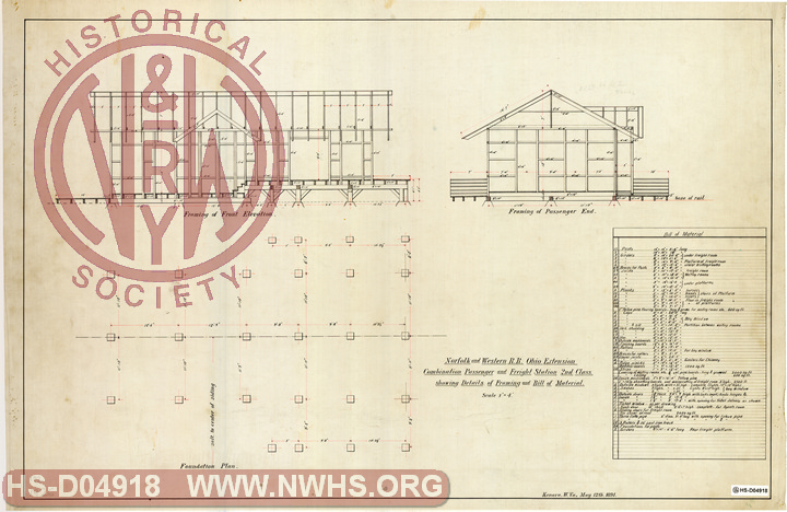 N&W RR Ohio Extension, Details of Framing and Bill of Material, Combination Passenger and Freight Station, Second Class