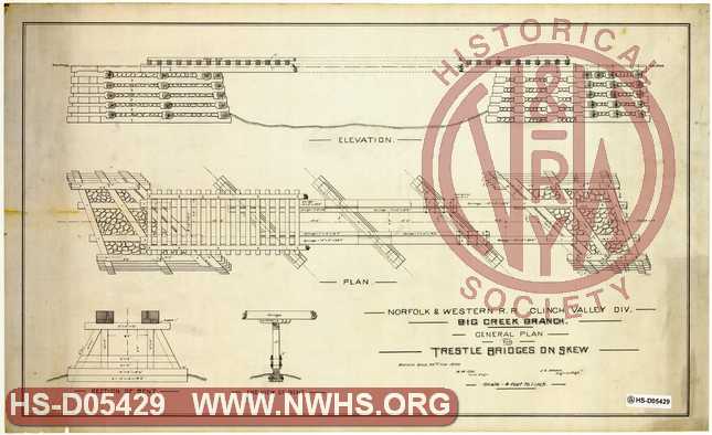 N&W RR Clinch Valley Div., Big Creek Branch, General Plan for Trestle Bridges on Skew