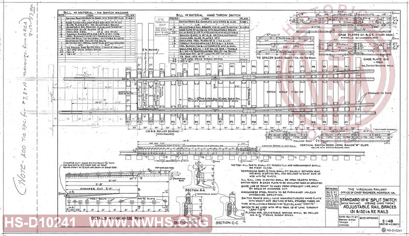 Standard  16'-6" Split Switch Using Adjustable Rail Braces 131 & 132 Lb RE Rails (switch machine) (hand throw)