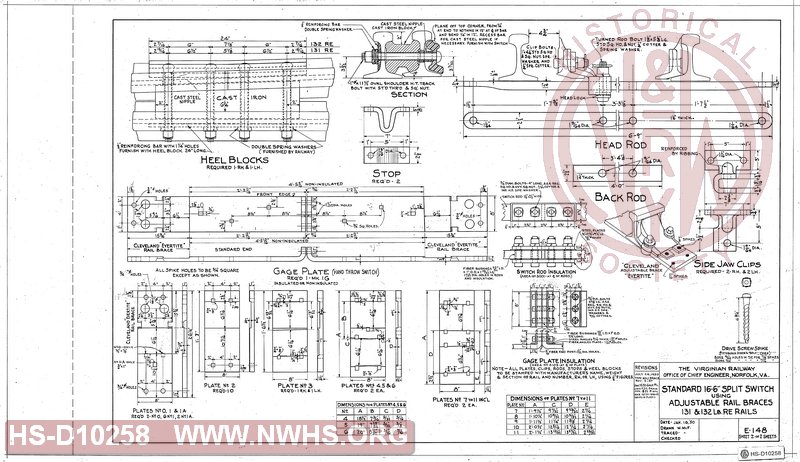 Standard  16'-6" Split Switch Using Adjustable Rail Braces 131 & 132 Lb RE Rails