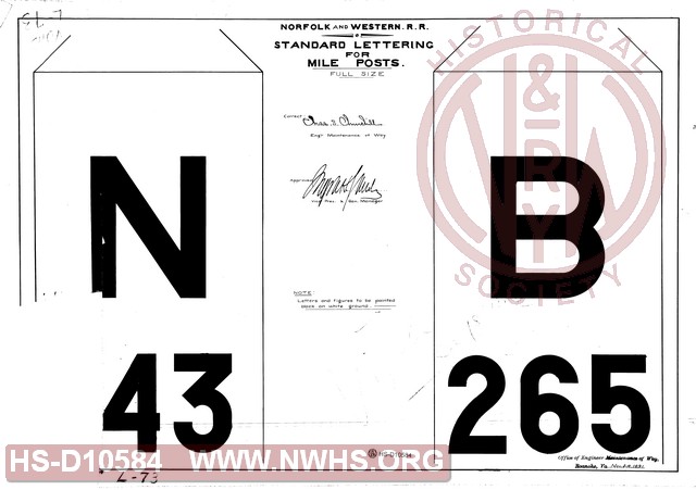 N&W RR Standard Lettering for Mile Posts