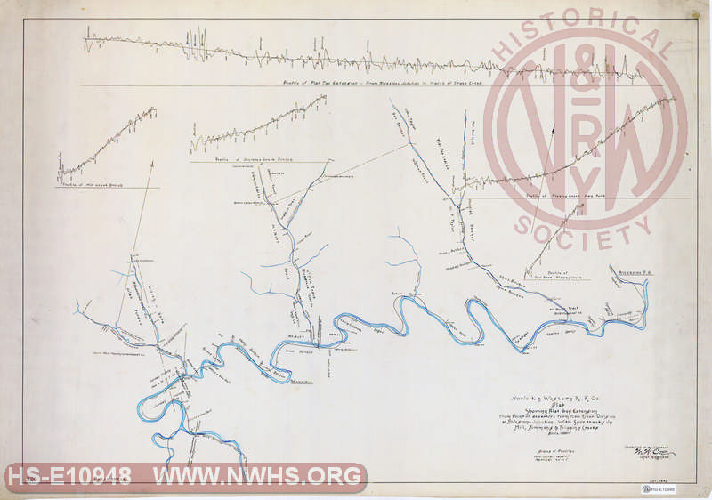 N&W RR, Plat showing Flat Top Extension from point of departure from New River Division at Bluestone Junction with spur tracks up Mill, Simmons & Flippings Creeks