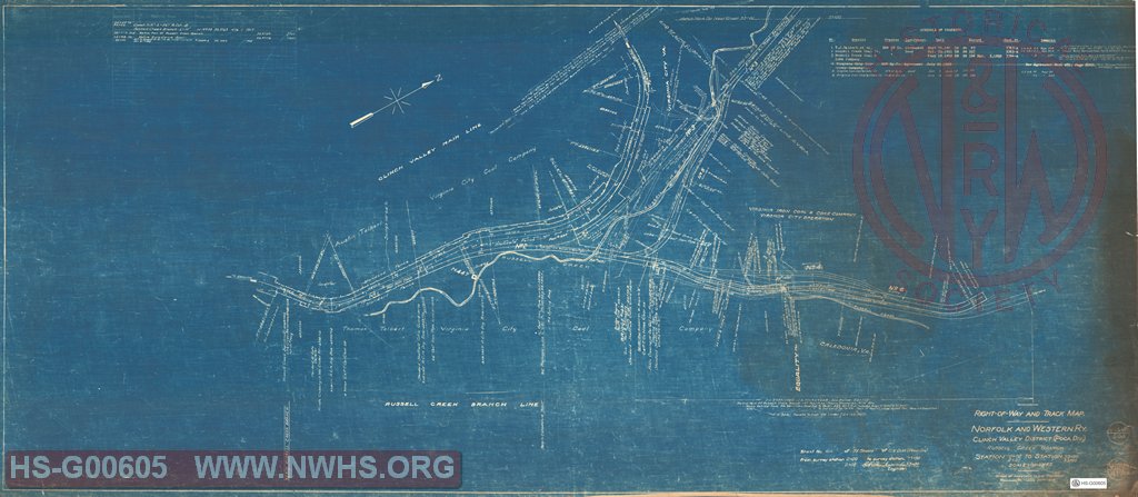 Right-of-Way and Track-Map, Norfolk and Western Ry., Clinch Valley District (Poca Div.) Russell Creek Branch Station 0+00 to Station 73+90, Russell Fork Branch (Caledonia Spur) Sta. 0+00 to 33+00