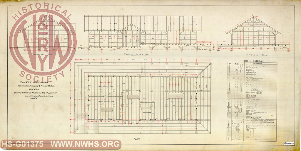 N&W RR Ohio Extension, Combination Passenger & Freight Station, First Class, Showing Detaiils of Framing & Bill of Material